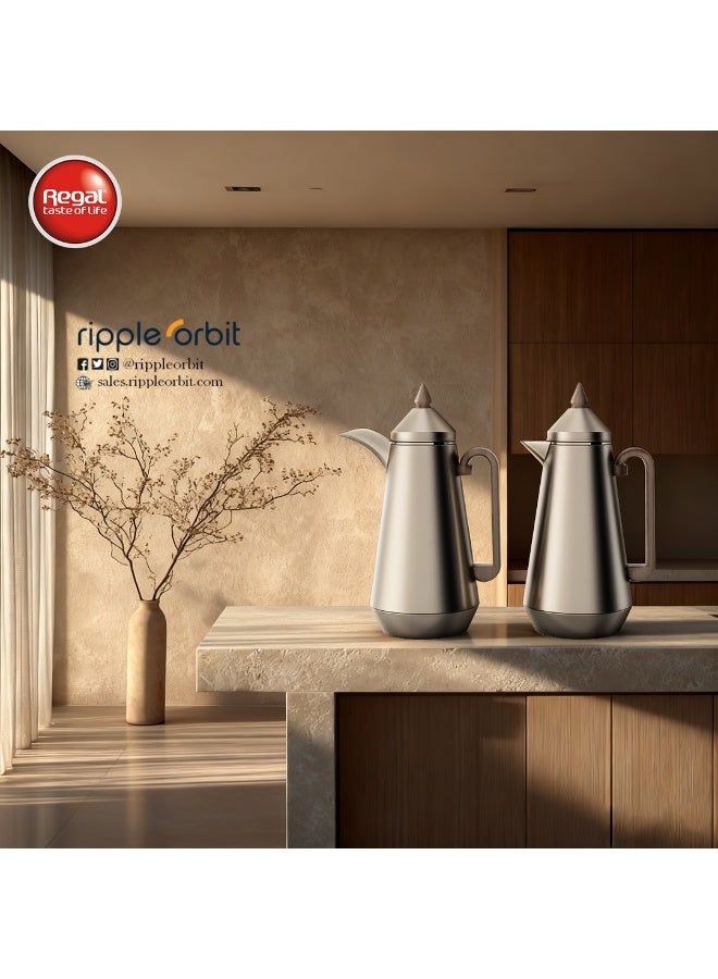 Regal by Ripple Vacuum Flask Set (2 x 1L), Double Wall Stainless Steel Body with Glass Liner, Hot & Cold Insulated Vacuum Jugs, Leak-Resistant, for Arabic Coffee & Tea - Image 2